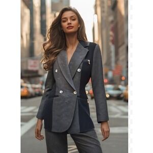 Vintage 90s Blazer Wool Color Block Double Breasted Zip Gray Black Size X-Small